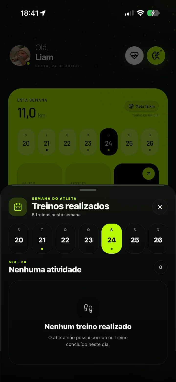 Resumo semanal do atleta no aplicativo Pace